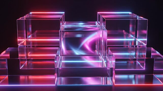Abstract transparent cubes with neon lighting against black background