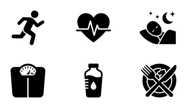 Healthy Lifestyle Icons: Running, Heart Rate, Sleep, Weight Scale, Water Bottle, Nutrition, Vector Set