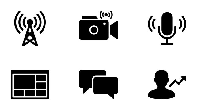 Communication and Media Icons Set: Broadcast, Video, Audio, Web, Chat, Growth - Vector Graphics for Digital Content