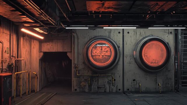 Industrial spaceship corridor creating a dystopian sci fi environment, featuring exposed pipes, grunge textures, and two circular glowing portholes emitting an orange light