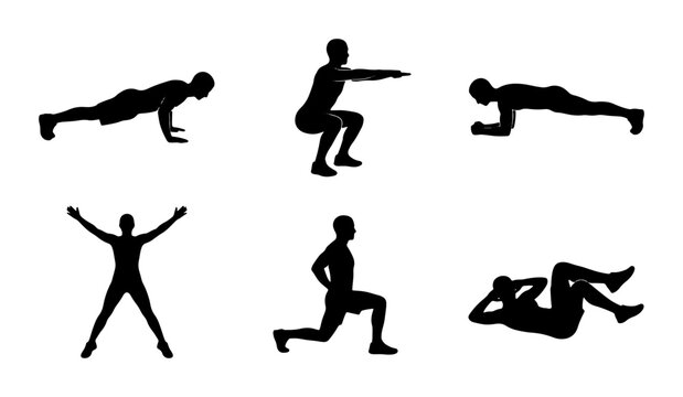 Fitness Silhouette Set, Six Exercise Poses Vector Collection, Healthy Lifestyle Workout Icons for Sports and Wellness Graphics