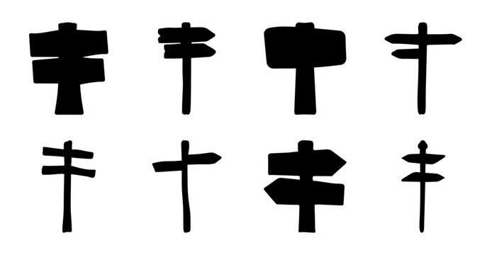 Black and white directional road signs set- Eight unique black and white directional signs arranged neatly for stock use, ideal for maps, travel, or design projects.