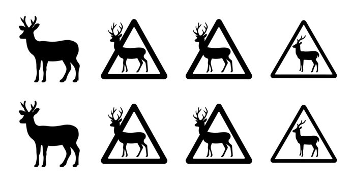 Deer silhouette inside triangle warning sign- Minimalist vector icons of deer silhouettes inside triangular warning signs for safety and road signs.