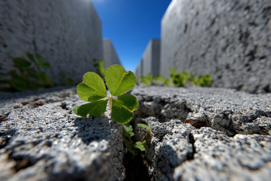 Close-up view of a vibrant green clover plant growing through a crack in light gray concrete panels under a clear blue sky with sunlight overhead