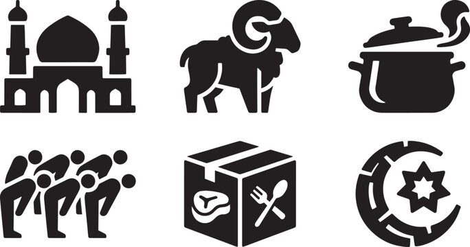 Islamic Eid al-Adha Rituals and Qurbani Meat Donation Silhouette Icon Set