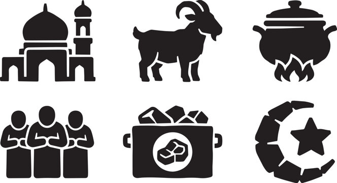 Islamic Qurbani Festival and Eid al-Adha Ritual Silhouette Icon Set