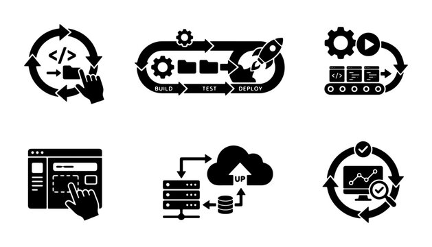 Software Development Workflow Icons, Agile Process Icons, CI CD Pipeline Icons, DevOps Cycle Icons, Technology Icons, Vector Set