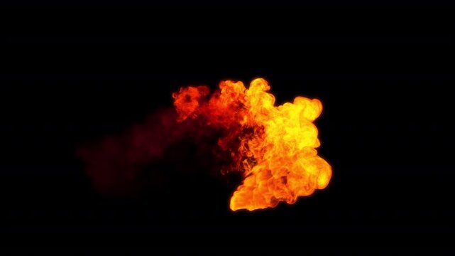 Fire explosion isolated on black background. Realistic flame burst for visual effects overlay.