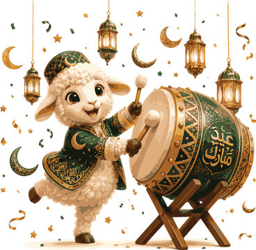 Joyful Sheep Playing Traditional Bedug Drum for Eid Celebration Vector Illustration Footage Vector AI