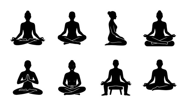 Yoga Poses Silhouettes, Meditation Figures Collection, Serene Mindfulness Icons, Wellness Practice Vector Set