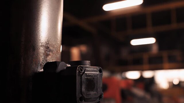 Heavy duty industrial machine part on an assembly line, highlighting the dark metallic texture and robust engineering components, symbolizing manufacturing and technology