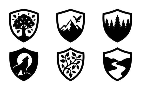 Nature Shield Icons Set: Forest, Mountains, Wolf, River, Tree, and Landscape Vector Graphics for Outdoor Branding and Emblem Design