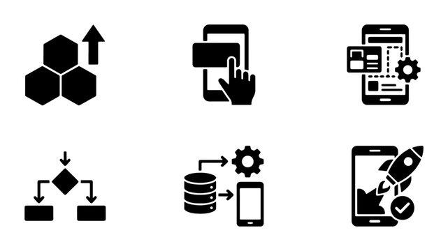 Mobile App Development Icons, UI UX Design Elements, Software Engineering Symbols, Data Management Graphics, Vector Set