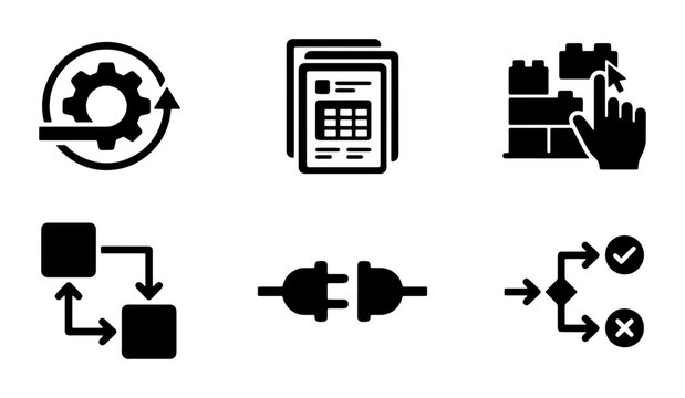Process Flow Icons Set, Workflow Symbols Collection, Business Logic Icons, System Connection Graphics, Project Management Icons
