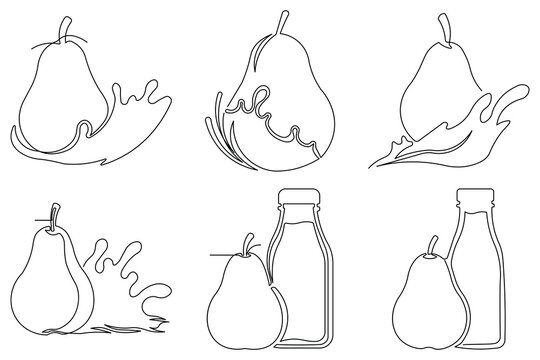 Pear fruit icon set with juice splash and bottles in continuous one line art style