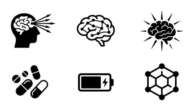 Brain Icons Set: Cognitive Function, Neural Network, Energy, Pills, and Molecular Structure Vector Graphics for Science and Health Concepts