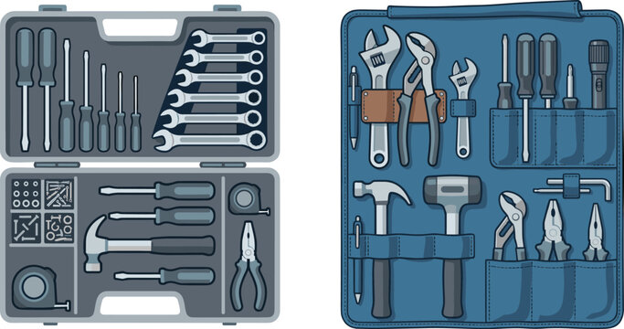 Professional Hand Tool Box and Portable Tool Roll Organizer Set for Home Maintenance, Mechanical Repair, Construction Projects, and Garage Workshop Equipment Vector
