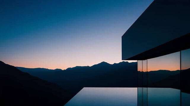 Minimalist luxury villa with floor to ceiling glass and infinity pool overlooking misty mountain ranges at dawn, serene reflective outdoor space with clean lines and panoramic views