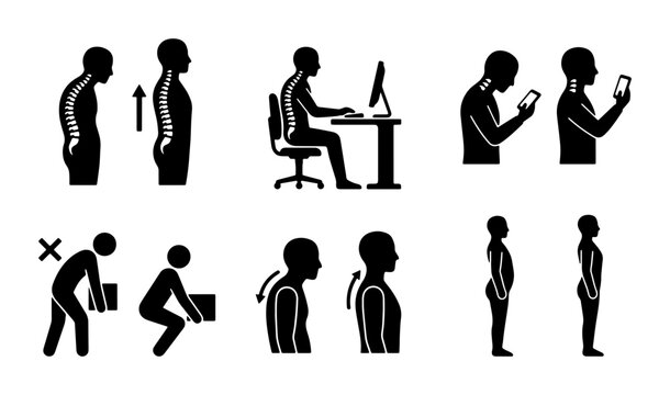 Good Posture Icons, Ergonomics Set, Spinal Alignment, Health & Wellness Vector Graphics, Correct Body Position Illustrations
