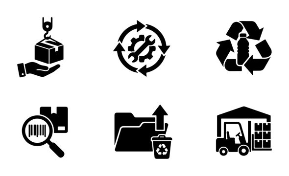 Industrial Logistics Icons Set: Shipping, Recycling, Warehousing, Inventory Management, Workflow, and Data Processing Vector Graphics