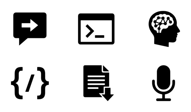 Modern Tech Icons: Communication, Code, AI Brain, Document Download, Microphone, Command Line Interface - Vector Set