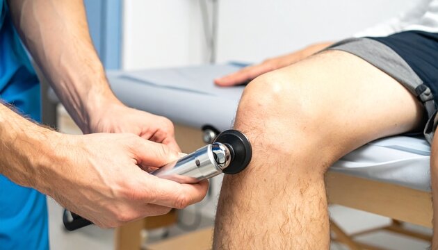 Healthcare professional performing a patellar reflex test on a patient's knee during a medical examination in a clinic setting