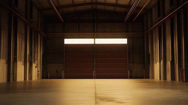 Empty industrial warehouse interior featuring a vast concrete floor and high ceilings, with a large closed door at the far end glowing from external light