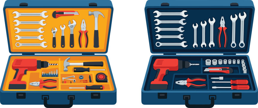 Professional Hand Tool Box Set with Electric Power Drill, Wrenches, Pliers, and Hammers for Home Maintenance, Mechanical Repair, and Construction Garage Workshop Equipment Vector