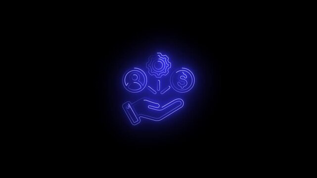 Blue neon hand holding gear with dollar sign and plus symbols glowing on black background