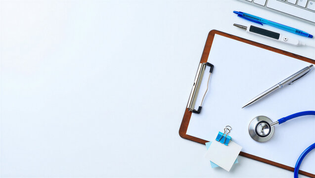 Medical workplace flat lay with clipboard stethoscope and thermometer on white desk, healthcare