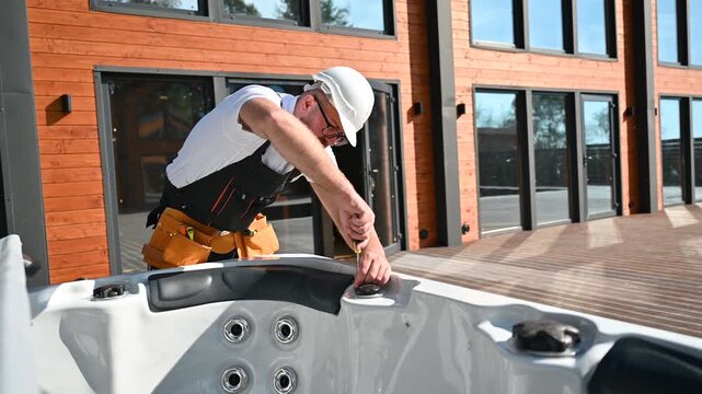 Technician inspects outdoor jacuzzi at modern house terrace. Plumber checks spa tub fittings and controls during installation, maintenance, and service work
