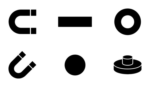 Magnet Icons Set, Magnetic Force Symbols, Physics Science Objects, Industrial Technology Elements, Black and White Vector Graphics