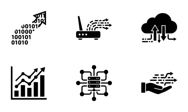 Data Flow Icons: Binary Code Growth, Network Router, Cloud Upload, Analytics Chart, Server Network, Digital Transfer Set