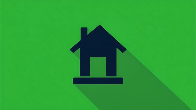 A minimalist, flat design house icon with a prominent shadow, presented on a vibrant green background, symbolizing home and shelter
