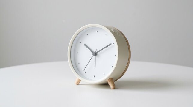 Minimalist white alarm clock with wooden legs, modern analog desk clock on white table, clean scandinavian style timepiece for home office decor