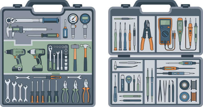 Professional Technician Toolboxes with Power Drills, Digital Multimeter, Precision Measurement Tools, and Electrical Maintenance Equipment for Industrial Engineering and Repair Services Vector