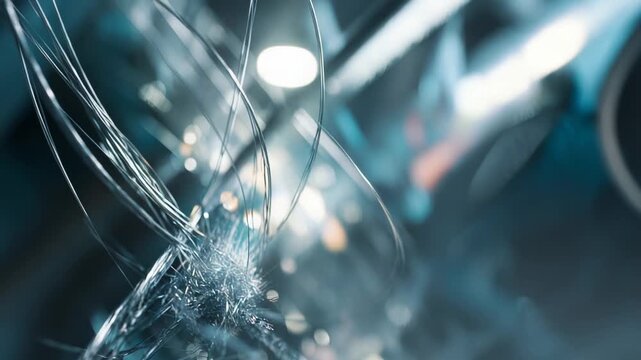 Abstract silver threads merging into a tangled, sparkling texture, creating a complex network of light and reflection with soft, shimmering bokeh lights