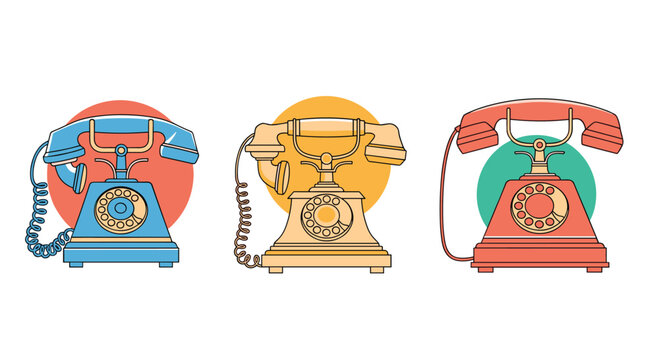Set of three retro rotary dial telephones in blue, yellow, and red colors arranged side by side against colorful circular backdrops.