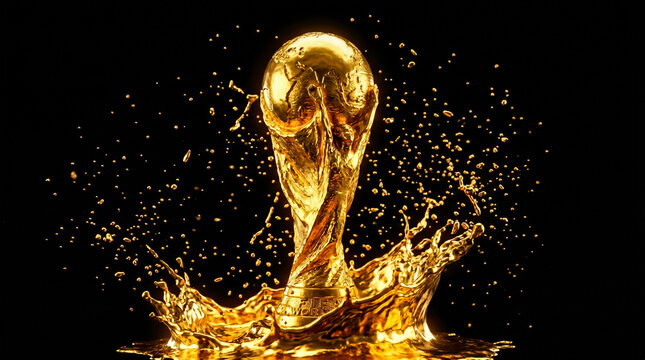 Golden world cup trophy standing proudly amidst a dramatic splash of liquid gold on a dark background representing the pinnacle of international football achievement and ultimate sporting victory for 