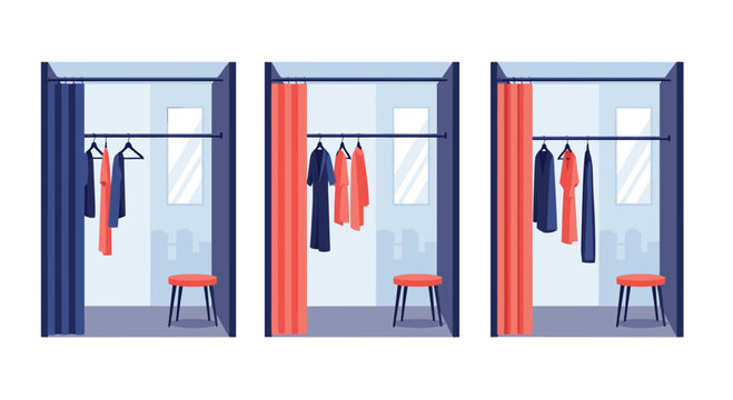 Set of three minimalist fitting rooms in a clothing store with red and blue curtains and small stools inside each booth.