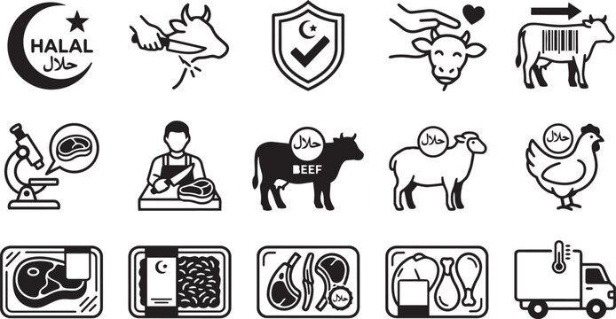 Collection of halal meat and food preparation line icons featuring Islamic dietary guidelines and processing.