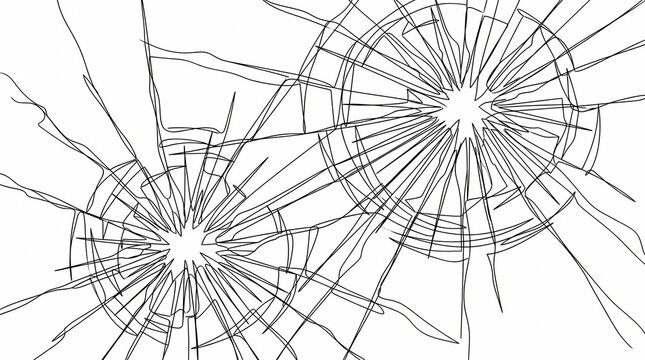 Black and white line art illustration depicts two distinct impact points on shattered glass, creating radial cracks against a stark white background, symbolizing fragility and destruction.