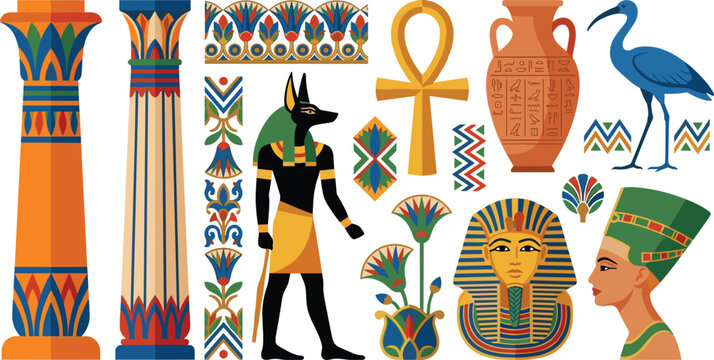 Ancient Egyptian Art and Symbols Vector Set Featuring Gods, Hieroglyphs, Statues, and Cultural Icons for Digital Media and Design