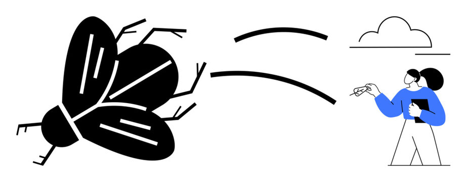 Agriculture, pest control, environment, chemical usage, vector repellents, hygiene. Large insect and person spraying in a minimal style. Pest control and agriculture concept