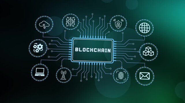 Secure blockchain technology concept with decentralized ledger blocks and abstract peer to peer digital network transaction links.