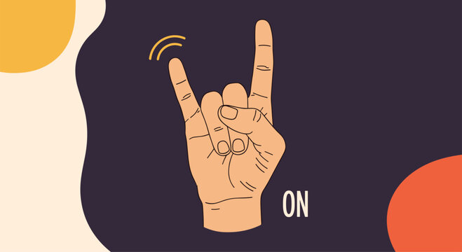 Hand gesture showing the rock on or devil horns sign with extended index and pinky fingers against a dark purple abstract background.