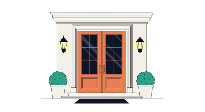 Elegant entrance of a classic building featuring orange double doors with glass panels, decorative lanterns, and green topiary plants in pots.