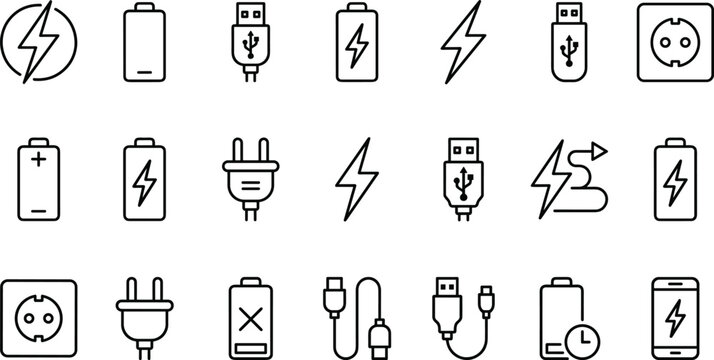 Black and white vector icons of battery charging, plugs, cables, and energy symbols for power, electronics, and mobile device charging concepts.