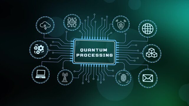  Quantum processing and supercomputing technology concept featuring atomic scale logic gates and advanced cryptographic circuit design.