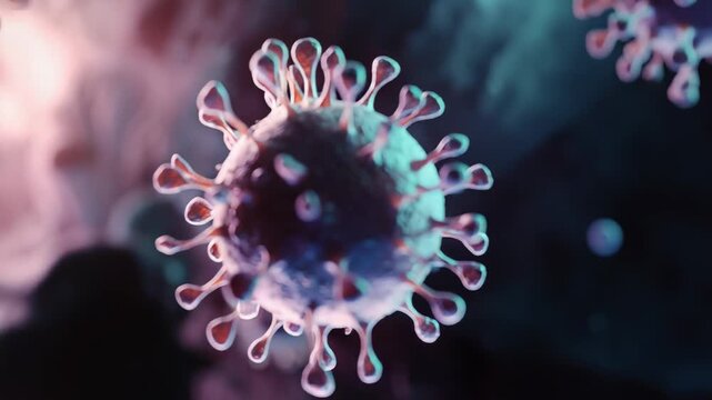Coronavirus organisms floating in a dark microbial environment, causing a global pandemic and a worldwide health crisis impacting public health and scientific research